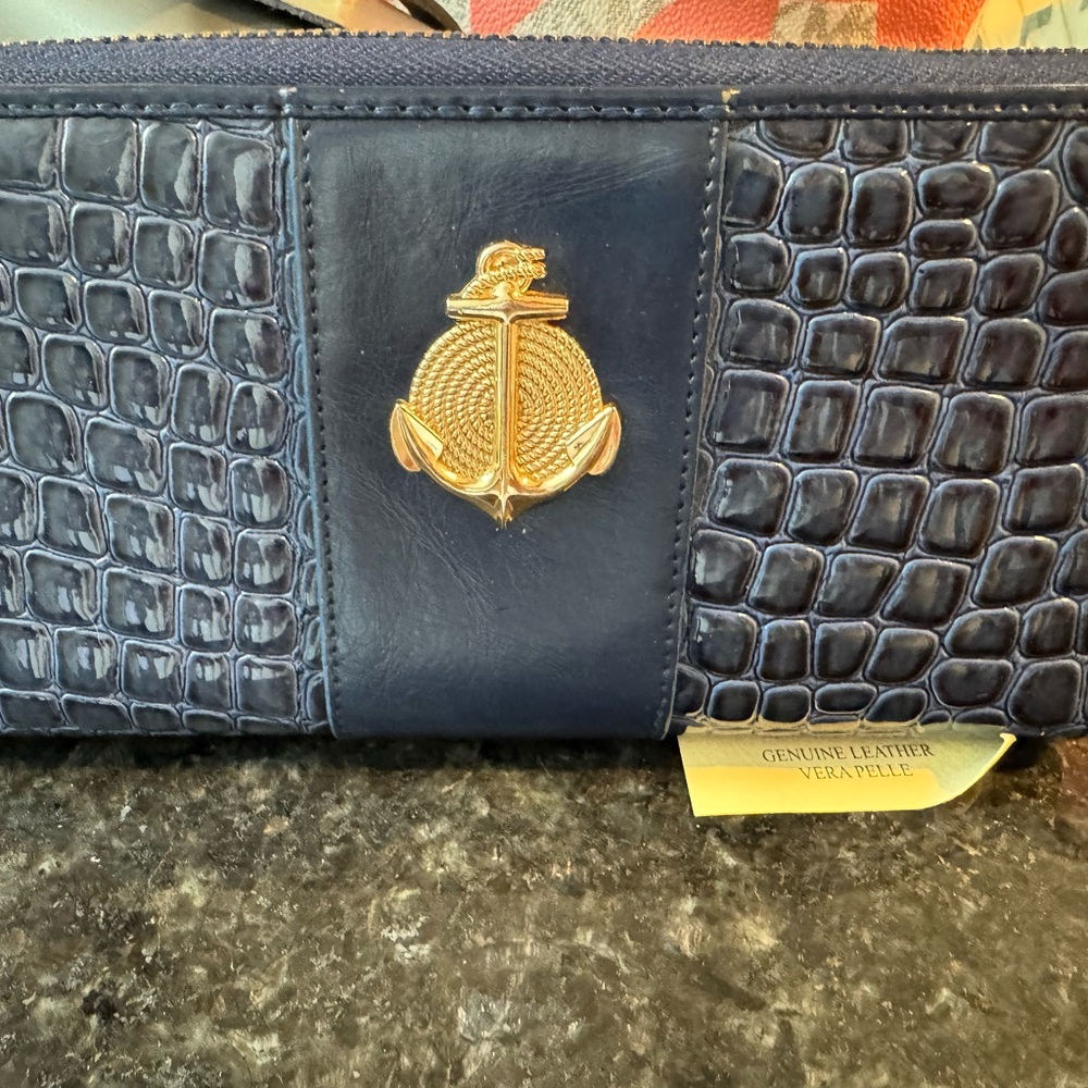 Navy Croc-Embossed Leather wallet  with Gold Anchor